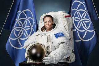 Astronaut Posing with Proposed International Flag of Earth