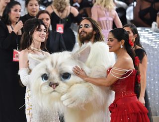 Anne Hathaway, Jared Leto, and Salma Hayek on the 2023 Met Gala red carpet.