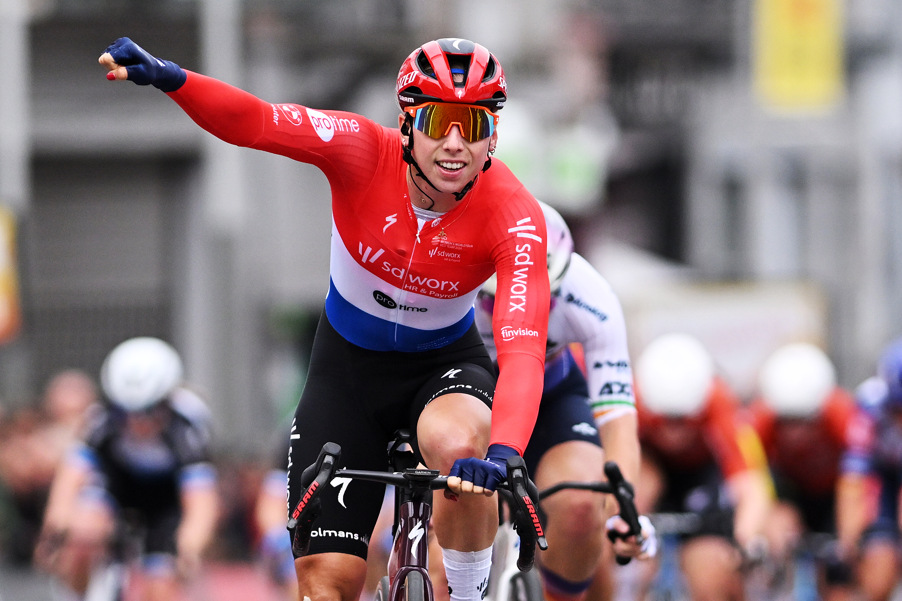 CHIMAY, BELGIUM - OCTOBER 07: Lorena Wiebes of Netherlands and Team SD Worx - Protime celebrates at finish line as race winner during the 5th Binche Chimay Binche pour Dames 2025 a 121.4km one day race from Chimay to Binche on October 07, 2025 in Chimay, Belgium. (Photo by Luc Claessen/Getty Images)