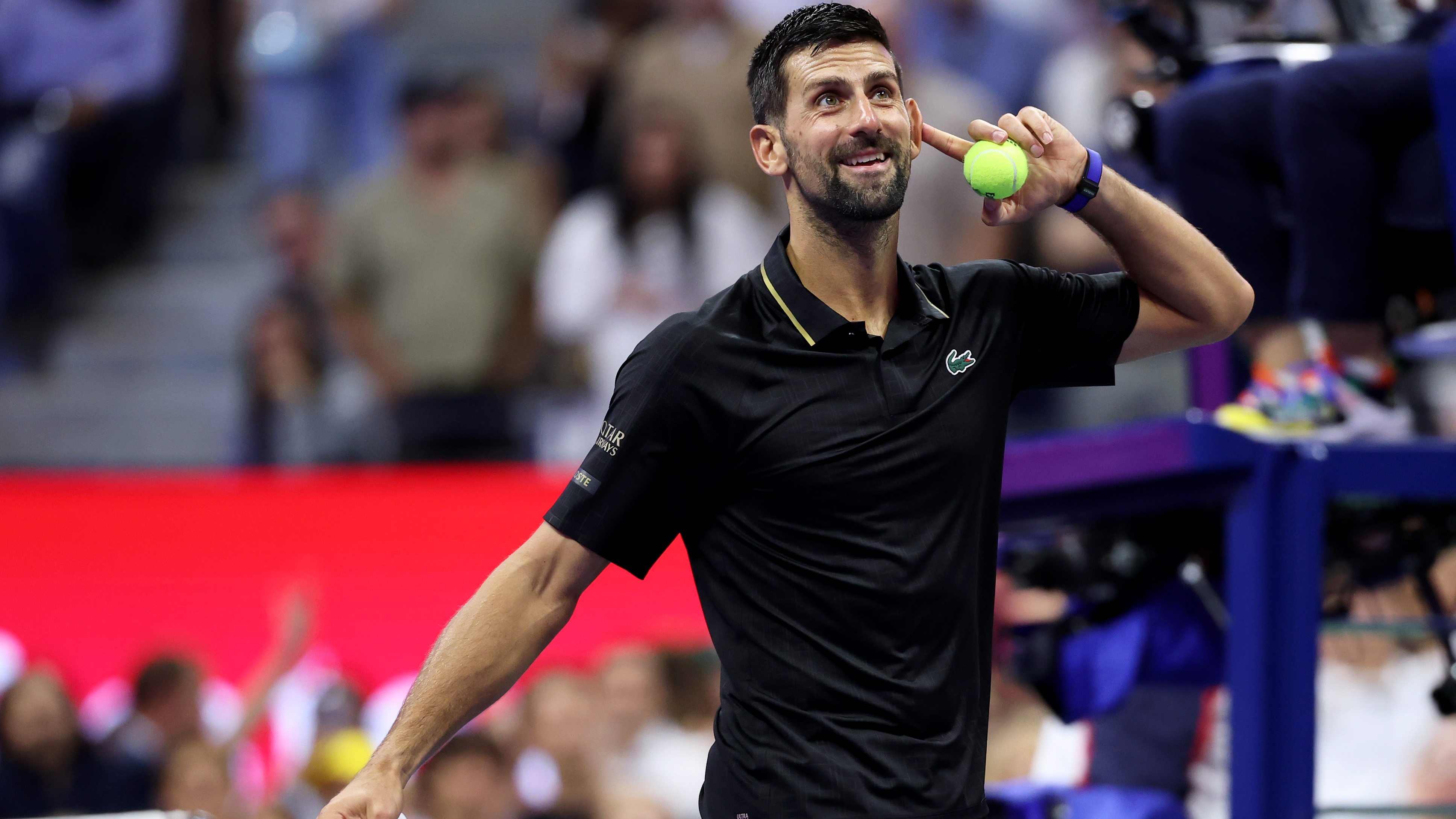 Novak Djokovic gesturing to the crowd during his round of 16 match up against Jan-Lennard Struff in the US Open 2025