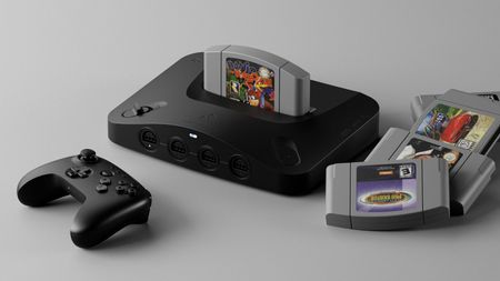 Analogue 3D FPGA console render, alongside original N64 games and a wireless 8BitDo N64 controller