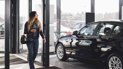 photo illustration of woman buying new car