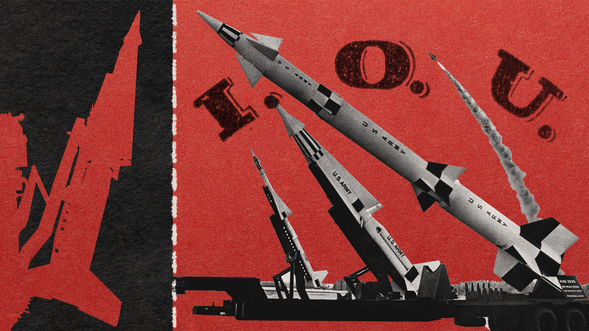 Photo collage of USA-made missiles and a big IOU sign