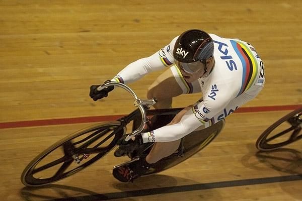 Sir Chris Hoy (Great Britain) powers around the boards of Hisense Arena in Melbourne.