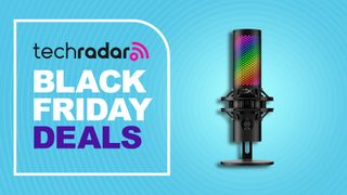 HyperX QuadCast 2 S microphone against a cyan TechRadar deals background