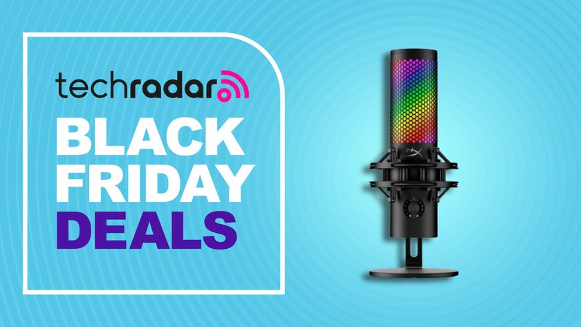 HyperX QuadCast 2 S microphone against a cyan TechRadar deals background