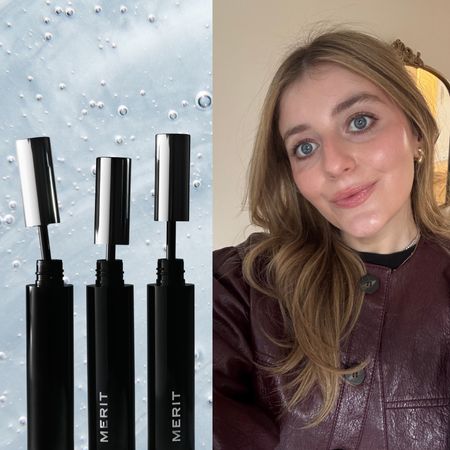 samantha holender on a blue background with three of merits new clean volume mascaras