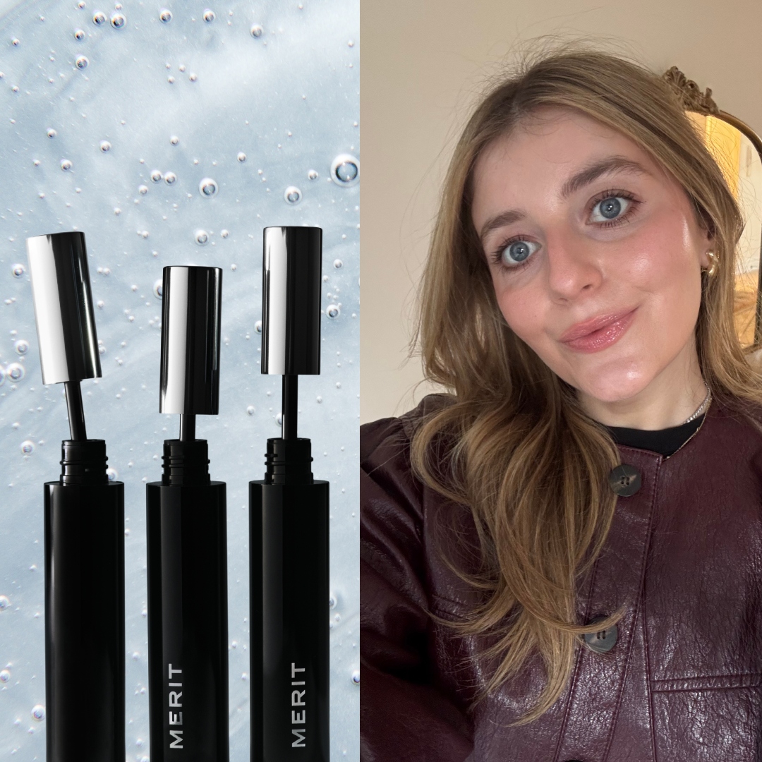 samantha holender on a blue background with three of merits new clean volume mascaras