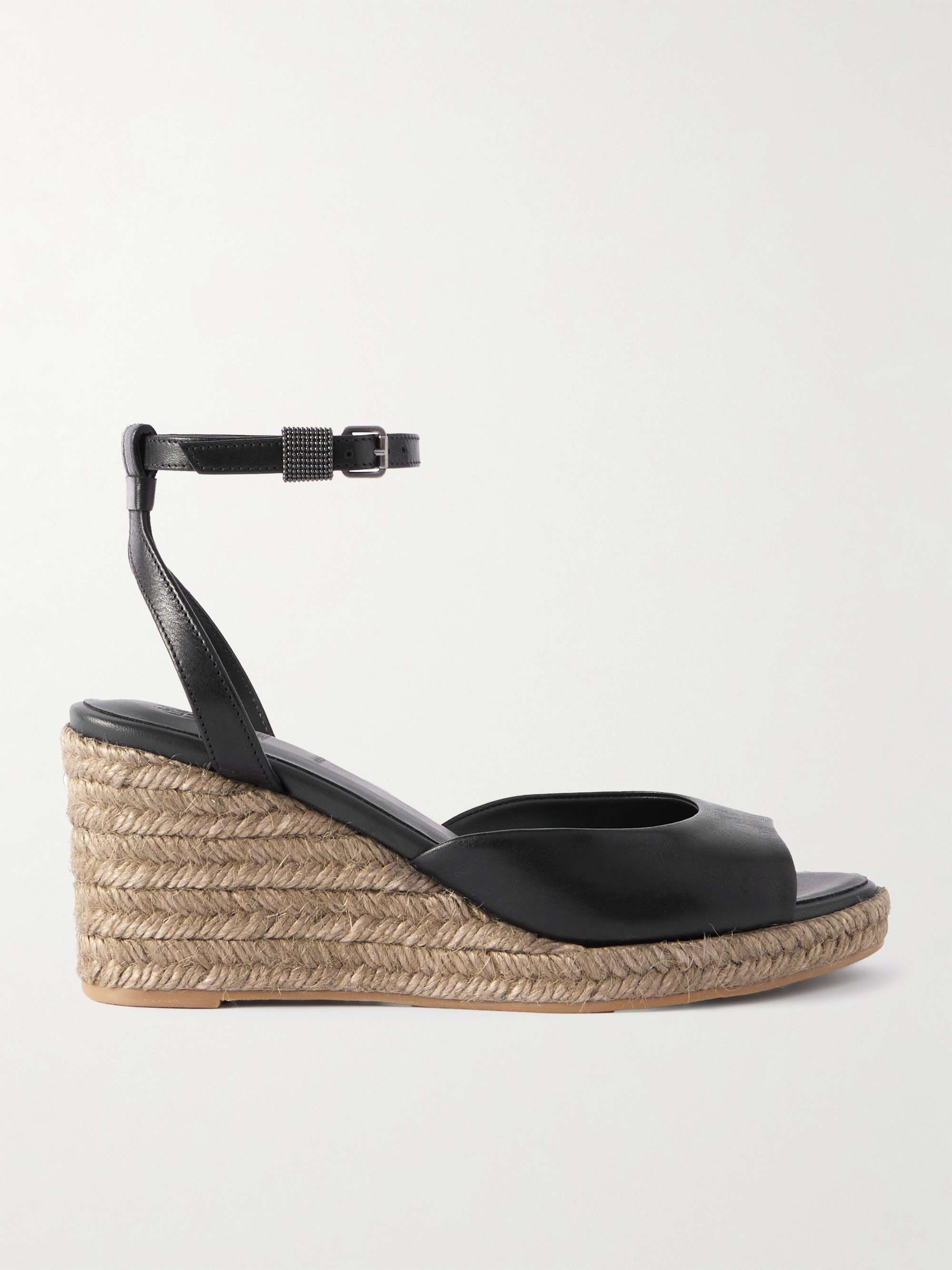 Bead-Embellished Leather Wedge Espadrilles
