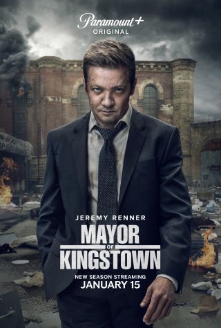 Jeremy Renner on the Mayor of Kingstown poster, with less injuries on his face.