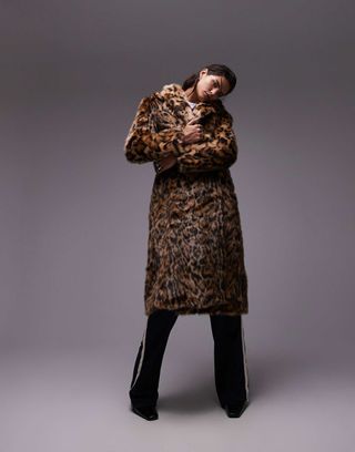 Topshop Animal Faux Fur Long Coat in Multi