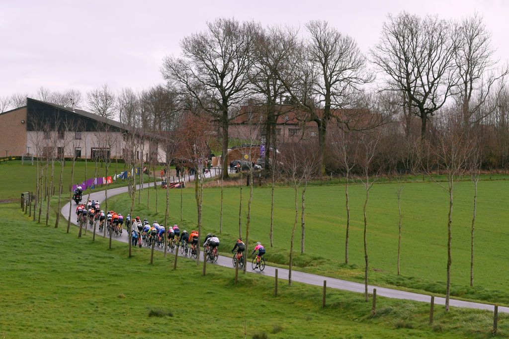 NINOVE BELGIUM FEBRUARY 29 Peloton Landscape during the 75th Omloop Het Nieuwsblad 2020 Women Race a 1229km race from Ghent to Ninove OmloopHNB OHN20 OHNwomen on February 29 2020 in Ninove Belgium Photo by Luc ClaessenGetty Images