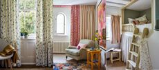 Three examples of curtain ideas. Close up of long green and white botanical curtains. Two styles of curtains, neutral and pink patterned in living space with armchair. Bedroom with short curtains and curtains below bunk bed.