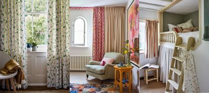 Three examples of curtain ideas. Close up of long green and white botanical curtains. Two styles of curtains, neutral and pink patterned in living space with armchair. Bedroom with short curtains and curtains below bunk bed.