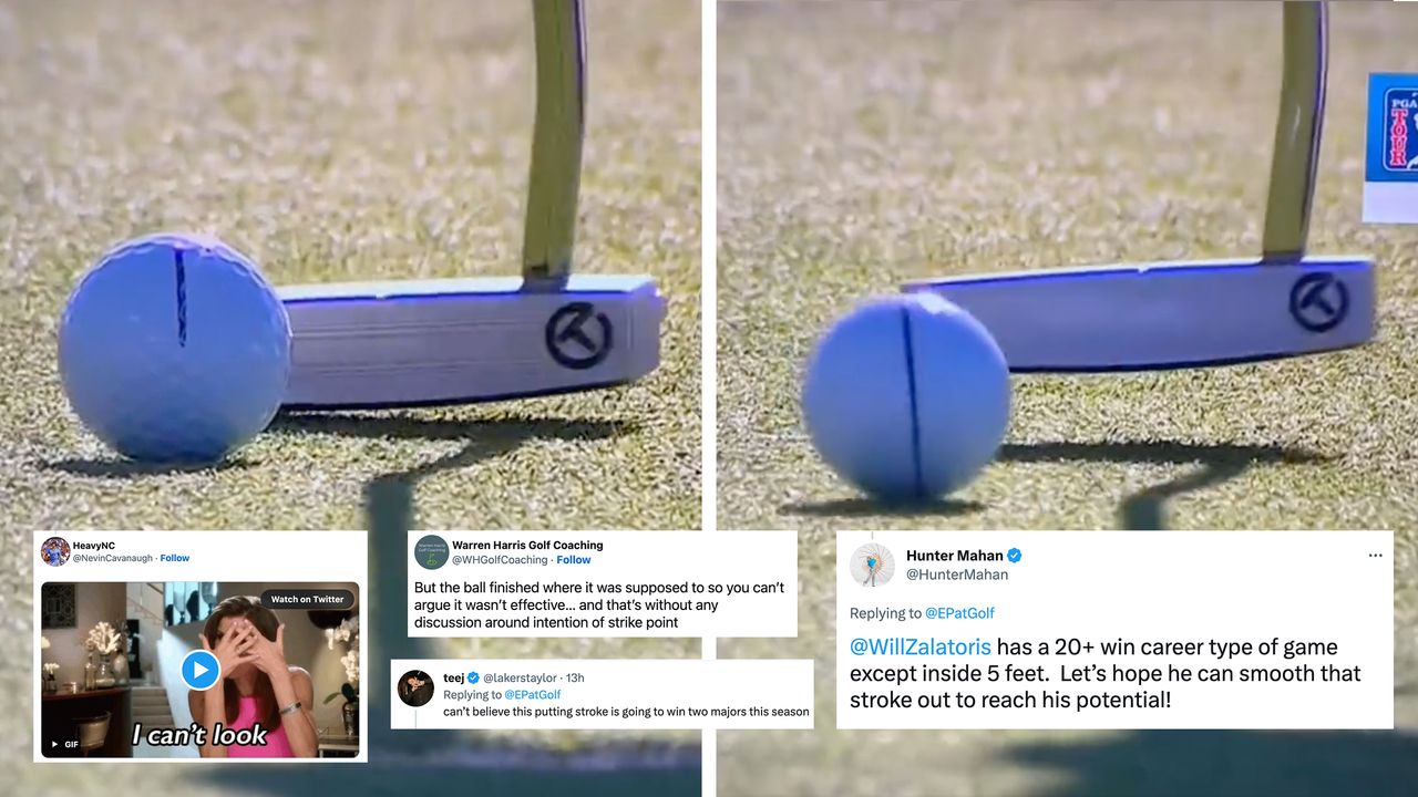 Screenshots of Will Zalatoris&#039; putting stroke and tweets about it