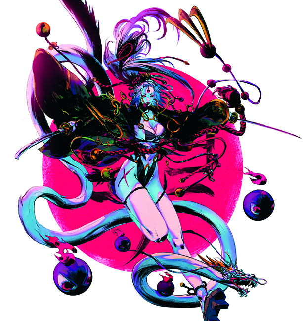 fantasy character art showing a female character in red and black colour palette