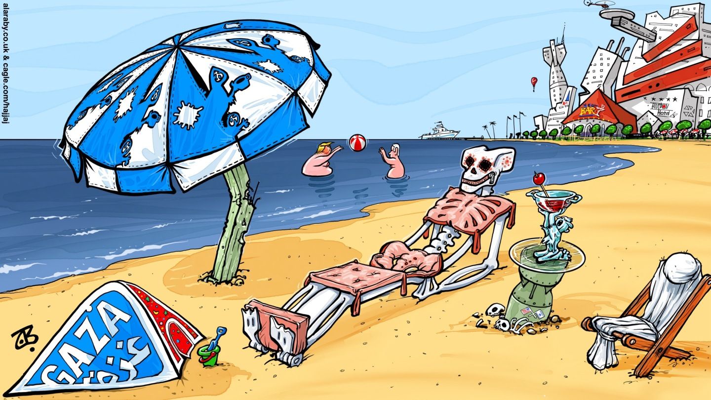 
                                This is a wordless cartoon set on the beach near Gaza. Donald Trump and Benjamin Netanyahu are in the background playing with a beachball in the ocean. In the foreground, a skeleton lounges on a broken chair next to an umbrella riddled with bullet holes. There is a body bag in a chair next to it. The city in the background is built from broken pieces of things including a missile.
                            