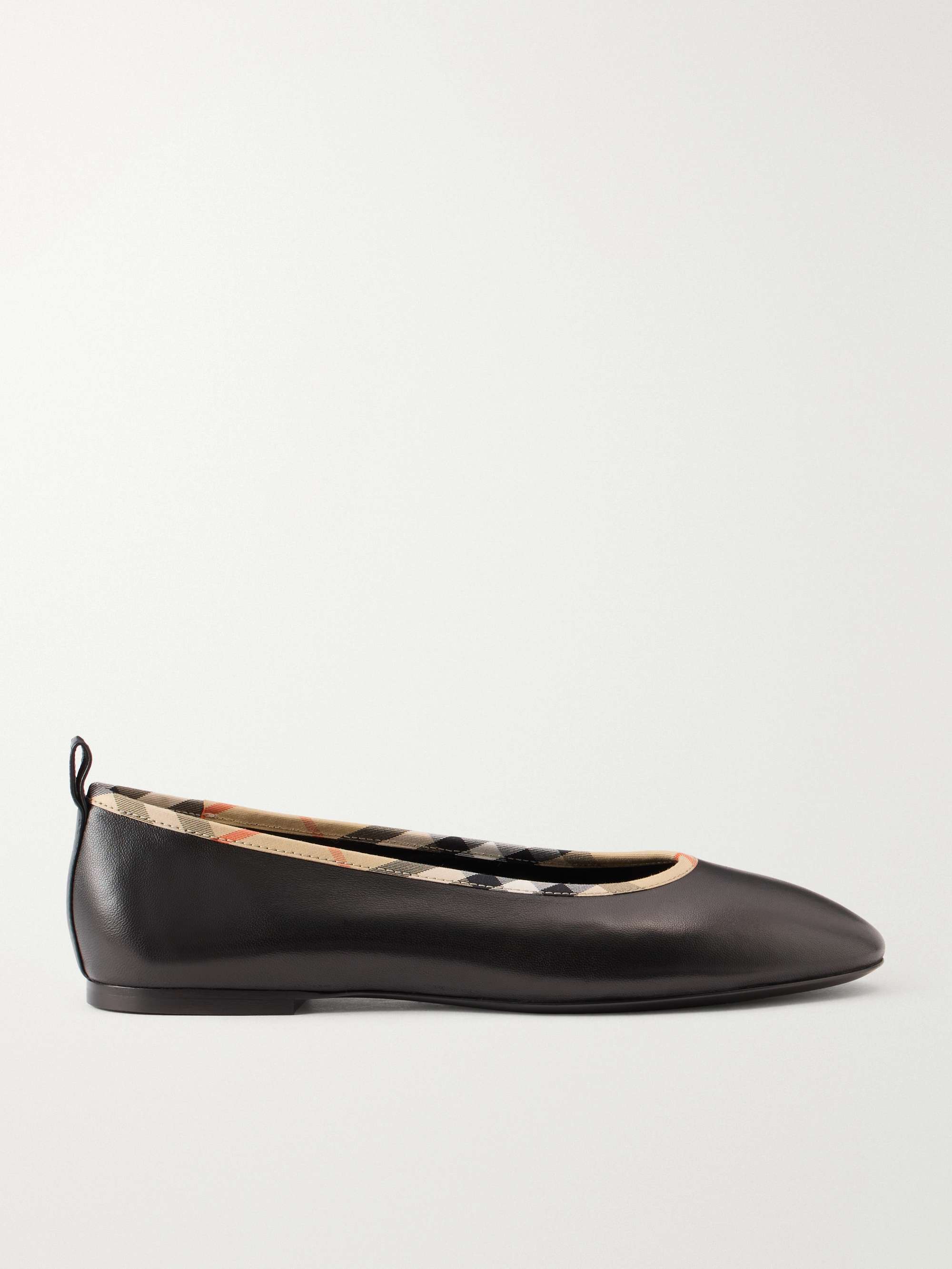 Check-Trimmed Leather Ballet Flats