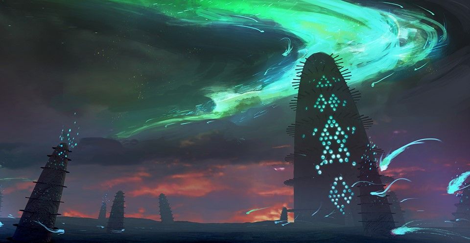 The mythological landscape of Zhalfir, featuring buildings under a dark sky and what look to be atmospheric lights