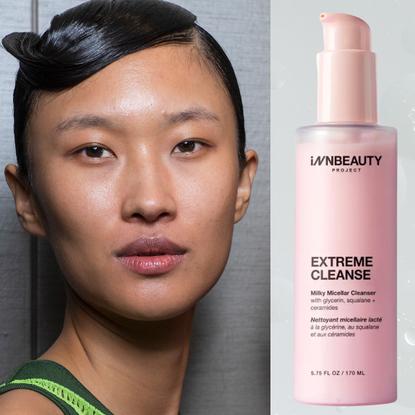 A woman with clear glowing skin next to a bottle of makeup remover.