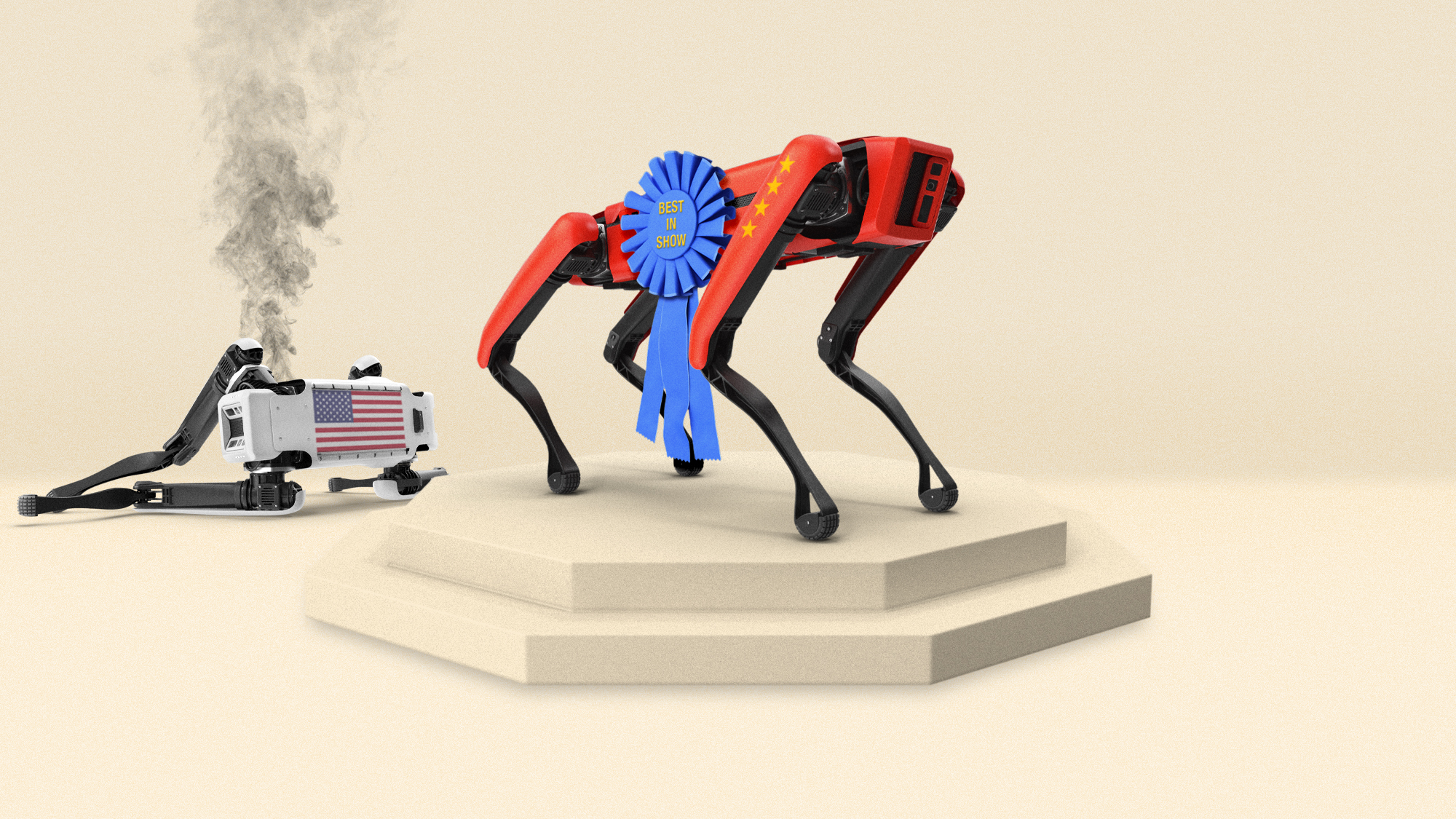 Illustration of a Chinese A.I. bot with a 'Best In Show' rosette, and a broken down American bot