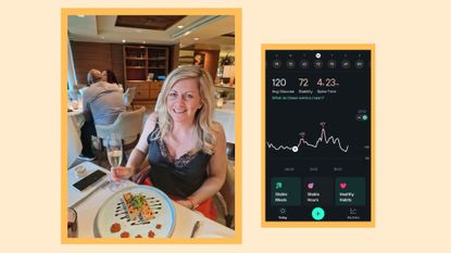 Sarah Finley with glass of prosecco and food sitting down at a restaurant, other image of Levels app reviewing glucose levels