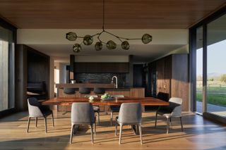 dining area with sculptural lighting above table