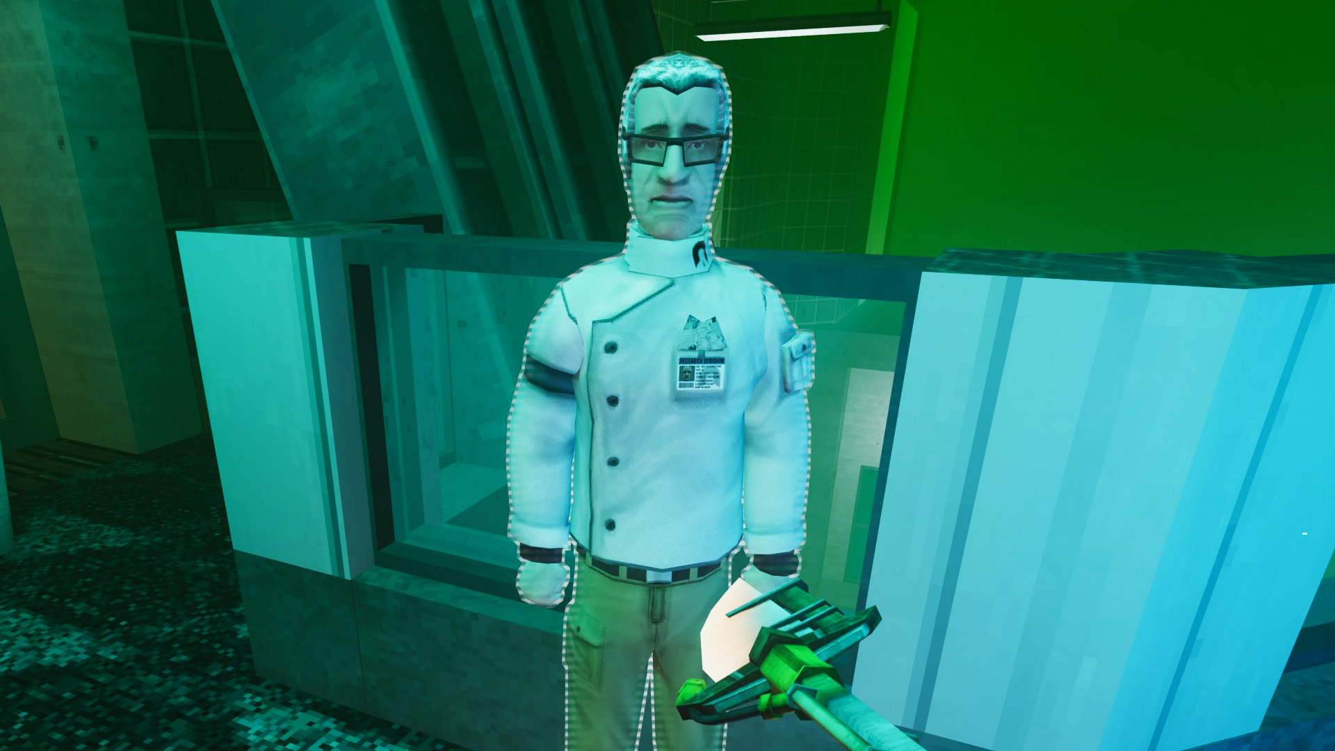 A scientist in Abiotic Factor facing the camera and looking concerned. He&#039;s wearing a white lab coat with a little nametag. The air around him is green and poisonous. 