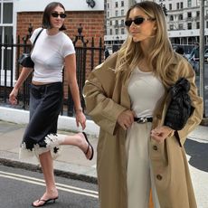 fashion collage of two style influencers Sarah Louise Blythe and Fredrika Galgano posing in chic spring 2026 outfit ideas with a lace-trimmed skirt, flip-flop kitten heels, and a trench coat