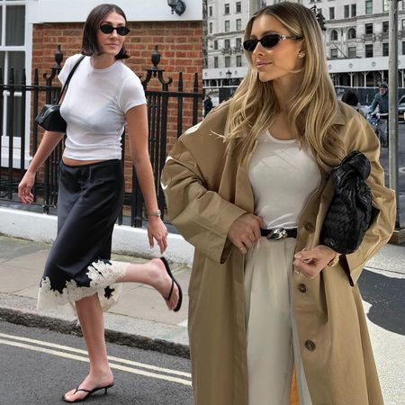 fashion collage of two style influencers Sarah Louise Blythe and Fredrika Galgano posing in chic spring 2026 outfit ideas with a lace-trimmed skirt, flip-flop kitten heels, and a trench coat