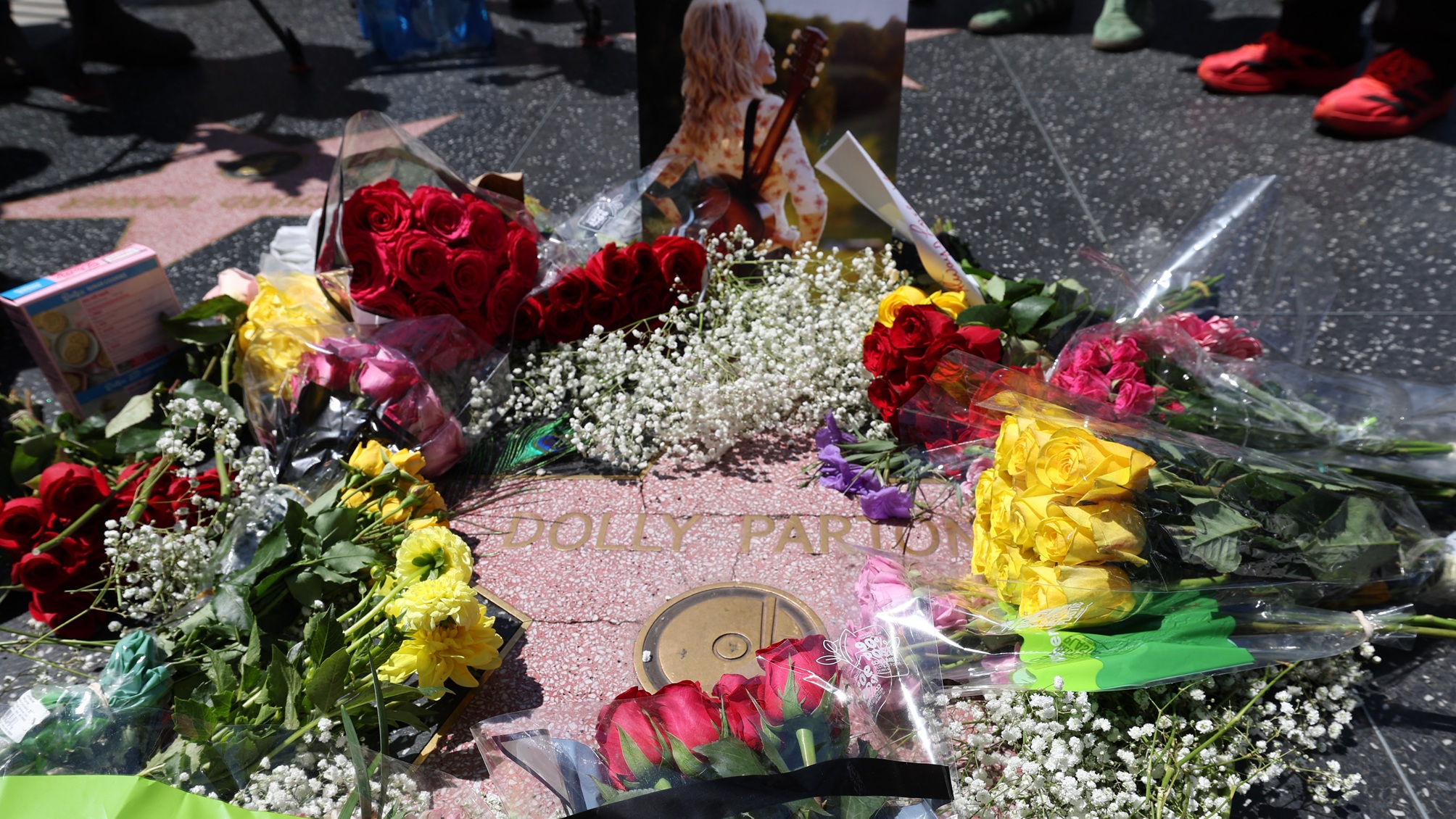 Flowers on Dolly Parton's star on the Hollywood Walk of Fame.