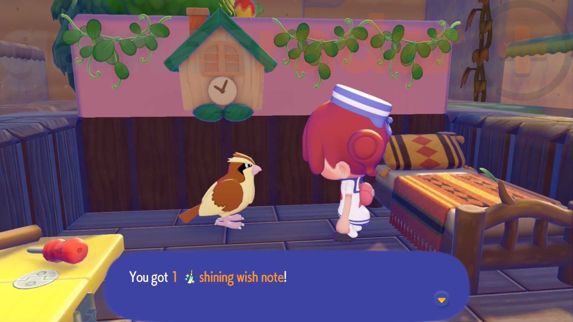 Ditto receives a Shining Wish Note from Pidgey during the Pokopia Jirachi event.