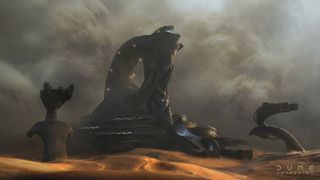 Dune Awakening concept art; large mining machines in a desert