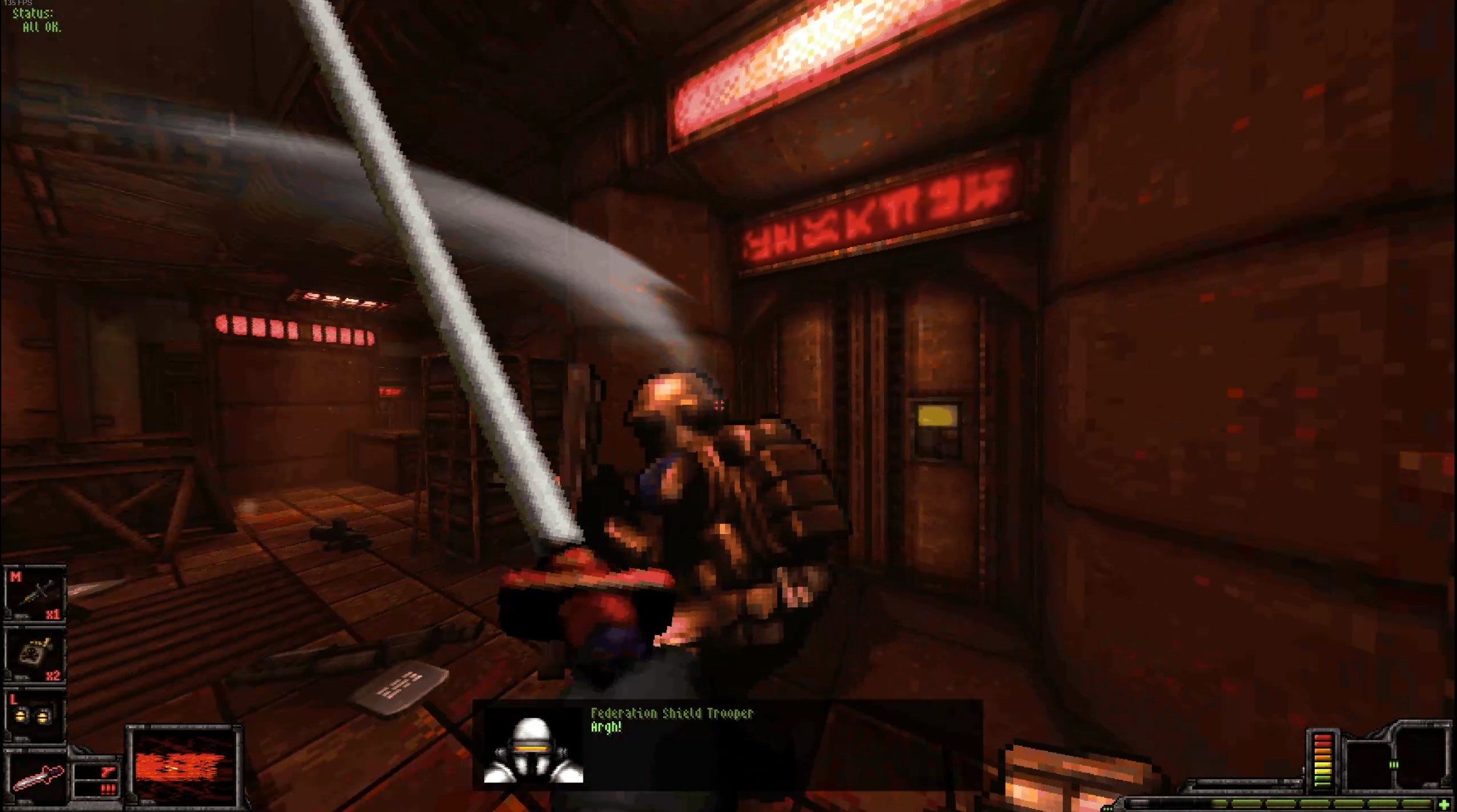 First person view swinging katana against enemy in Fortune's Run