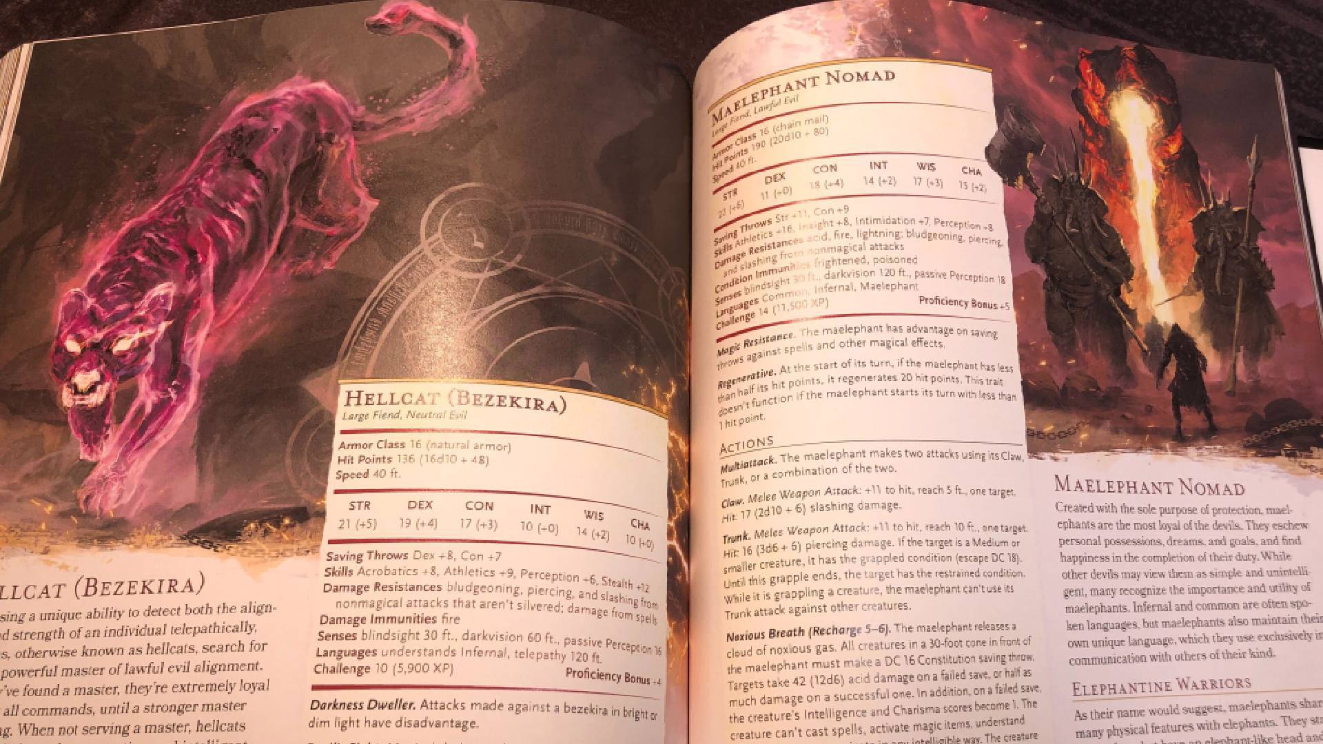 A pair of monsters and their stat blocks in pages from Chains of Asmodeus