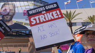 A protestor at the WGA strike of 2023 holds a sign saying 'AI has no soul'
