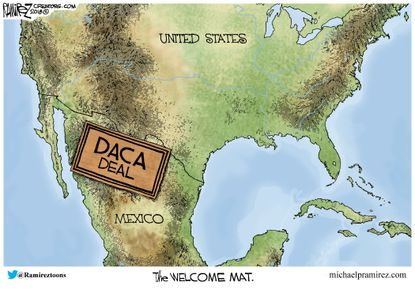 Political cartoon U.S. DACA Mexico United States border welcome mat immigration