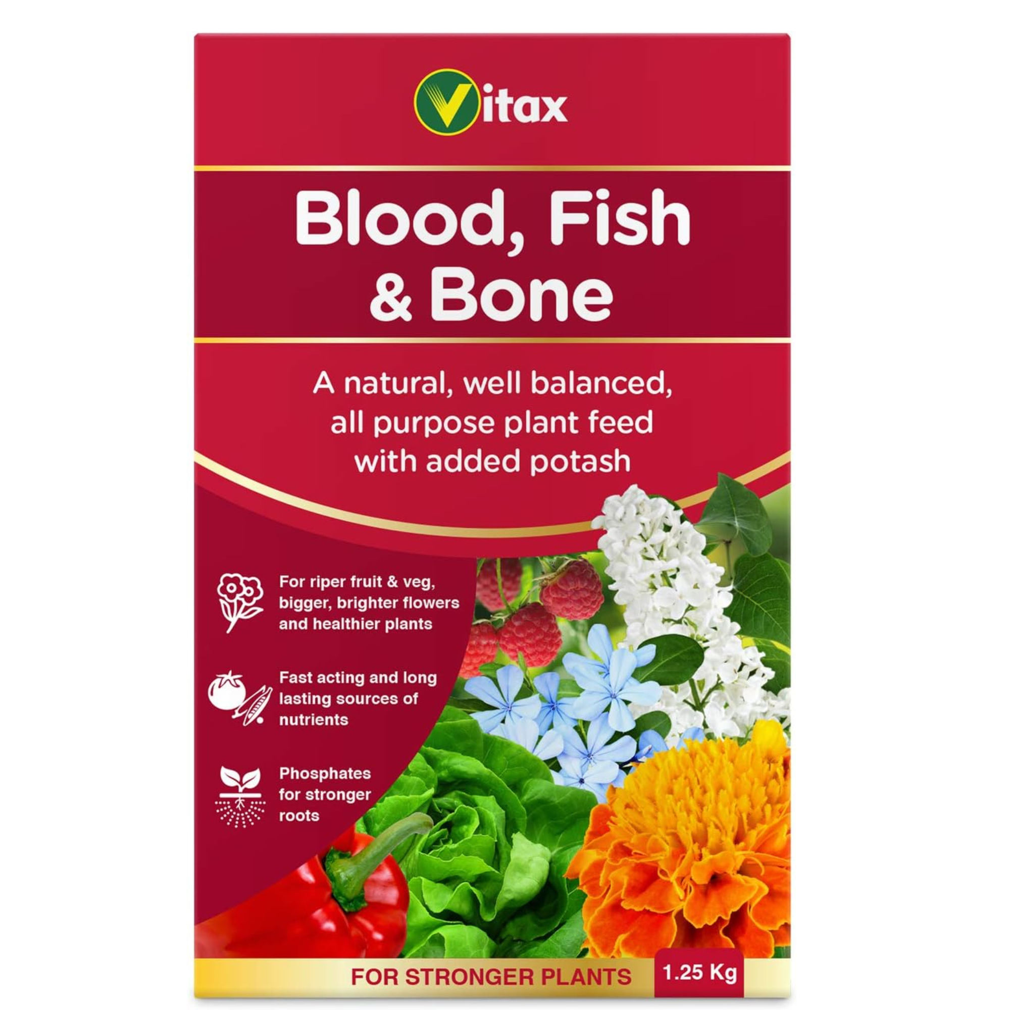 Vitax Blood Fish &amp;amp; Bone, Organic-Based, General Purpose Fertiliser, Suitable for Fruit, Vegetables &amp;amp; Flowers, Slow Release, Promotes Root Growth- 1.25kg