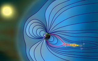This artist's rendition shows what happens in Earth's magnetosphere during a magnetic storm. The three THEMIS satellites observed the reconnection of magnetic field lines close to the geosynchronous orbit. The reconnection site (X) created outflows of energized particles towards and away from the planet. The particles that went toward the planet carried energy along the magnetic field lines to power auroras at the planet's poles and were detected by the GOES weather satellite (left of the arrow).