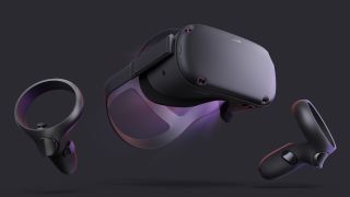 Die Oculus Quest und seine Controller schweben vor einem grauen Hintergrund, wobei lila Licht vom Headset ausgeht