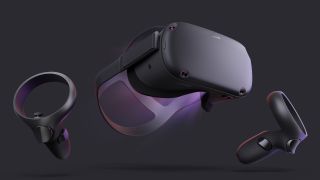 The Oculus Quest and its controllers floating in front of gray background, with purple light coming from the headset