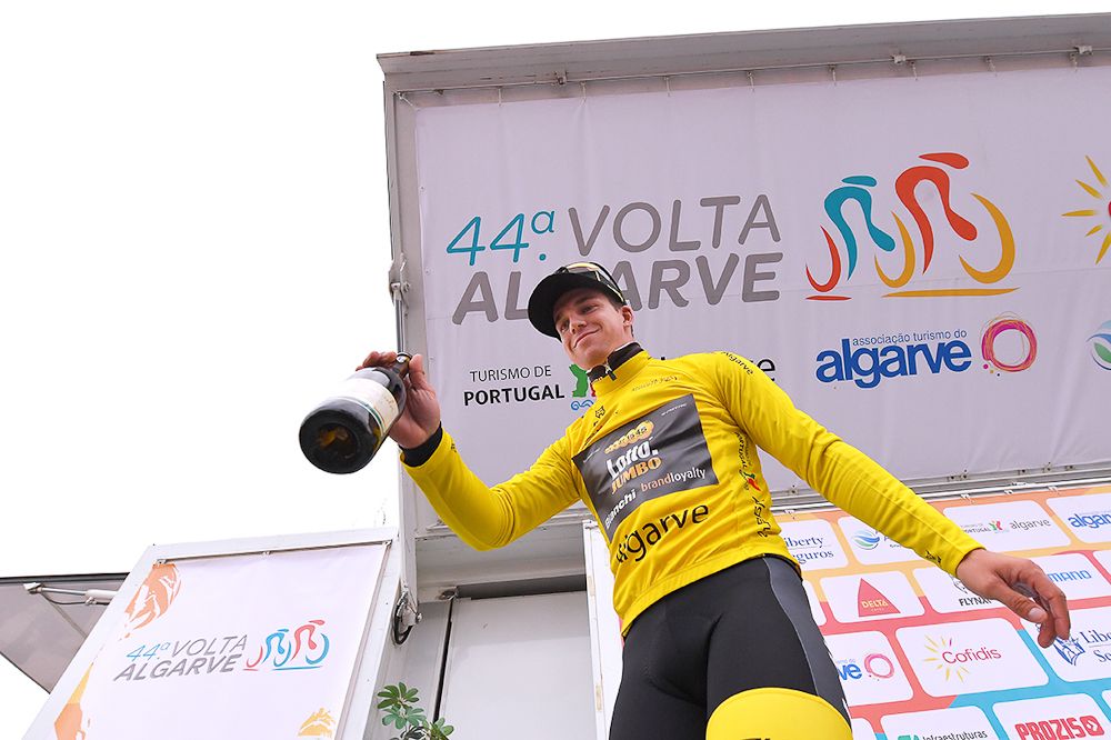 Dylan Groenewegen on the stage 1 podium at Volta ao Algarve