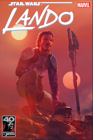 Cover art from "Star Wars: Lando #1" showing the title character crouched in desert sand looking towards Jabba's palace