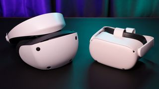 PSVR 2 Review Image showing the PSVR 2 next to a Meta Quest 2