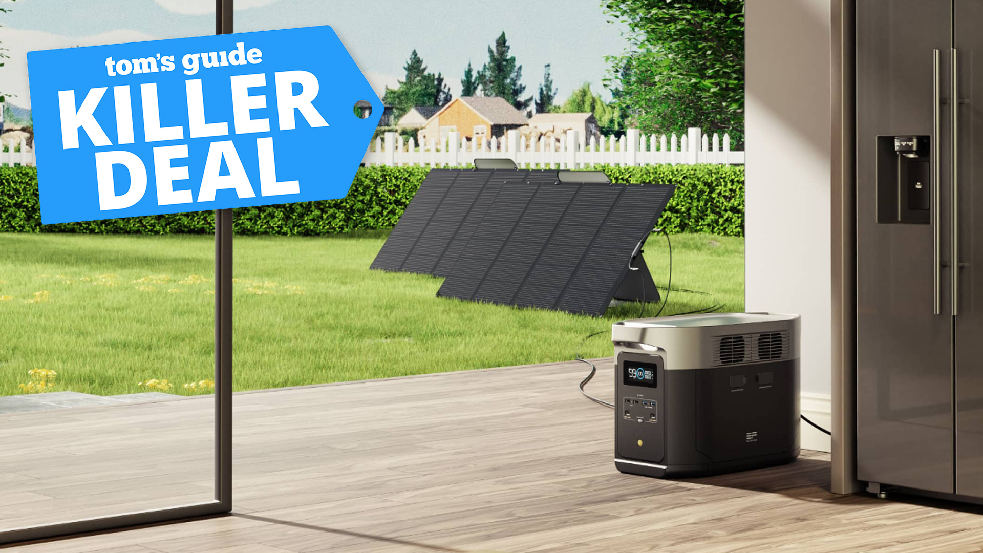 EcoFlow Delta Max power station plugged in next to a fridge with a view of the backyard and connected solar panels