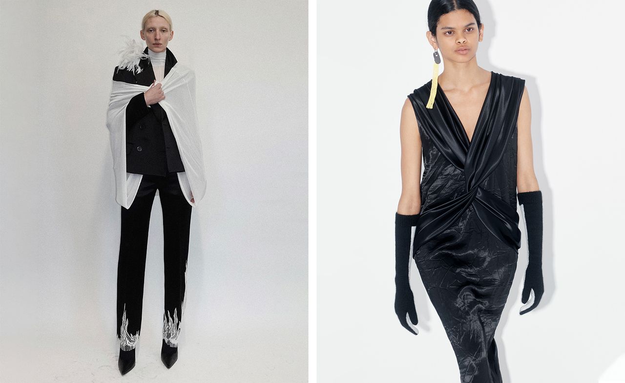 Two images of female models. Left, A model wearing black pants with silver flames at the bottom of them, a black jacket and white item over her shoulders. Right, a model wearing a long black form fitting dress, elbow high black gloves and long yellow tassel earrings.