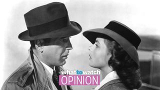 Humphrey Bogart and Ingrid Bergman in Casablanca with What to Watch opinion logo superimposed between them