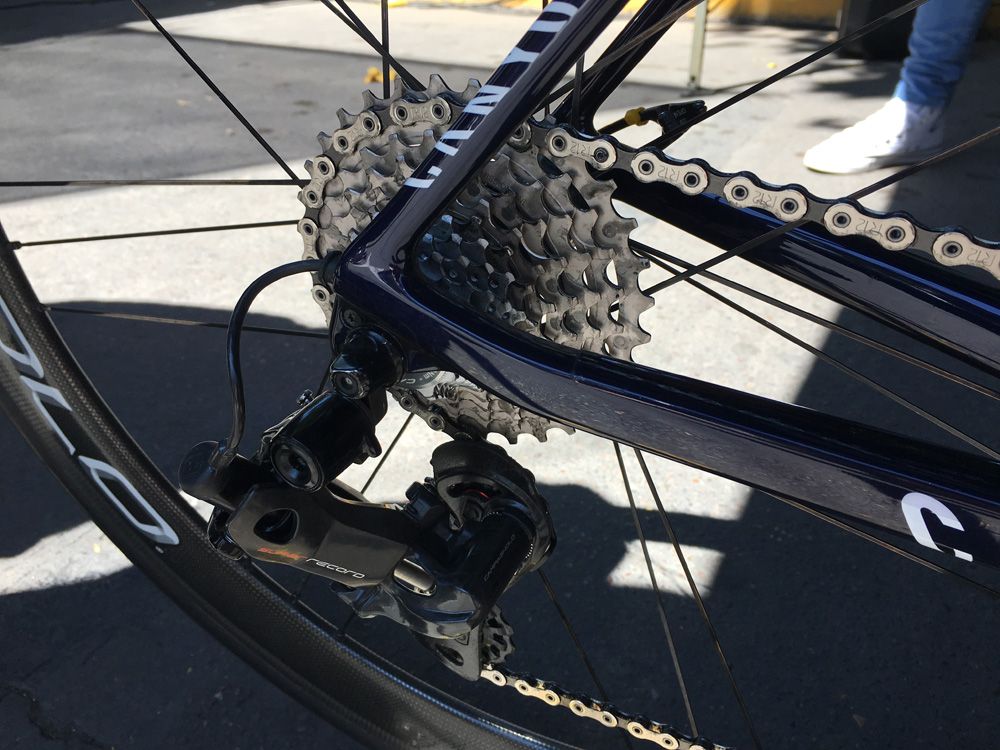 Winner Anacona of Movistar was happy to show off his Campagnolo 12-speed