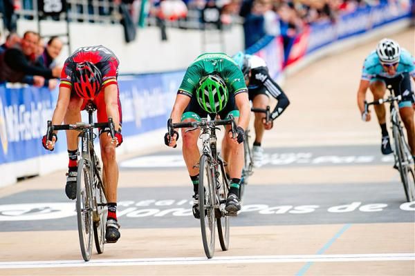 Only a millimetre separated second-place finisher S&eacute;bastien Turgot, right, from third-placed Alessandro Ballan.