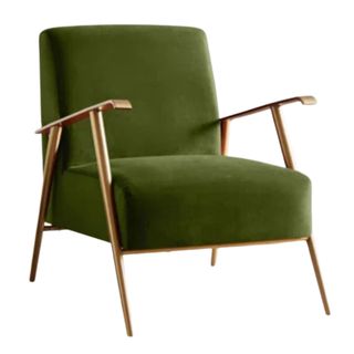 Low-profile wide green velvet contemporary accent chair with polished wooden legs